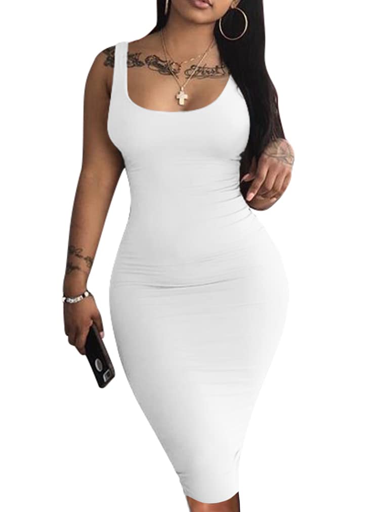 LAGSHIAN Women's Sexy Bodycon Tank Dress Sleeveless Basic Midi Club Dresses White - Image 1